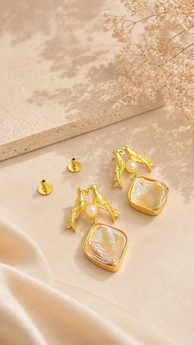Love birds pearl drop earrings with baroque shell gold-plated earrings