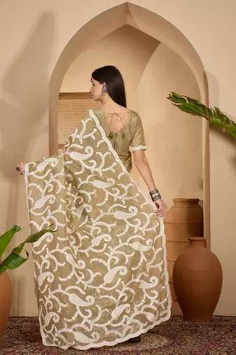 golden beige gold crush silk blend embroidered saree with belt white thread work festive designer saree