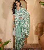 mint green gold crush silk blend embroidered saree with belt white thread work designer festive saree