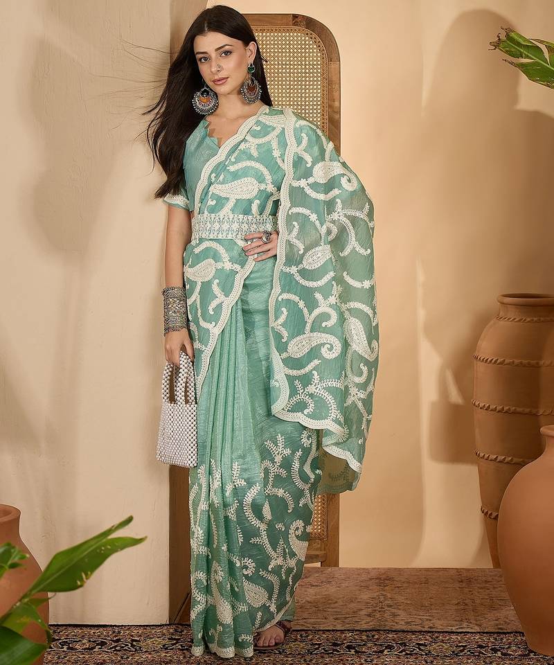 mint green gold crush silk blend embroidered saree with belt white thread work designer festive saree