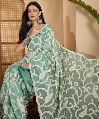 mint green gold crush silk blend embroidered saree with belt white thread work designer festive saree 2