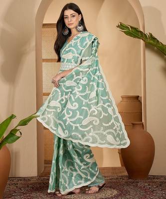 mint green gold crush silk blend embroidered saree with belt white thread work designer festive saree 4