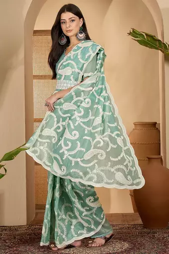 mint green gold crush silk blend embroidered saree with belt white thread work designer festive saree