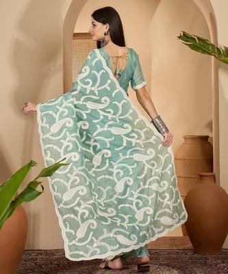 mint green gold crush silk blend embroidered saree with belt white thread work designer festive saree 5
