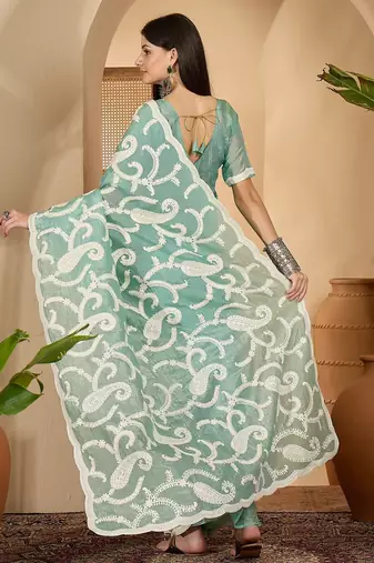 mint green gold crush silk blend embroidered saree with belt white thread work designer festive saree