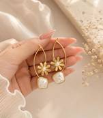 Gold-tone daisy flower baroque pearl drop earrings for women