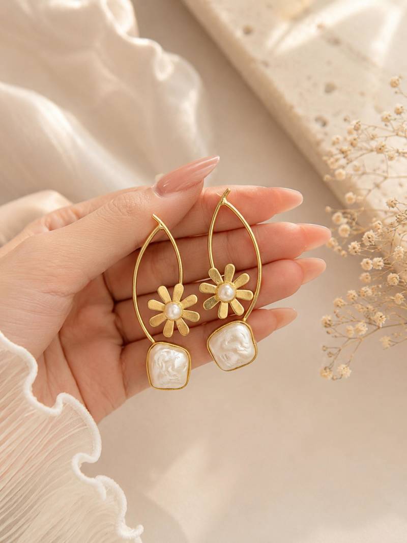 Gold-tone daisy flower baroque pearl drop earrings for women