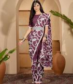 grape purple gold crush silk blend embroidered saree with belt white thread work festive designer saree