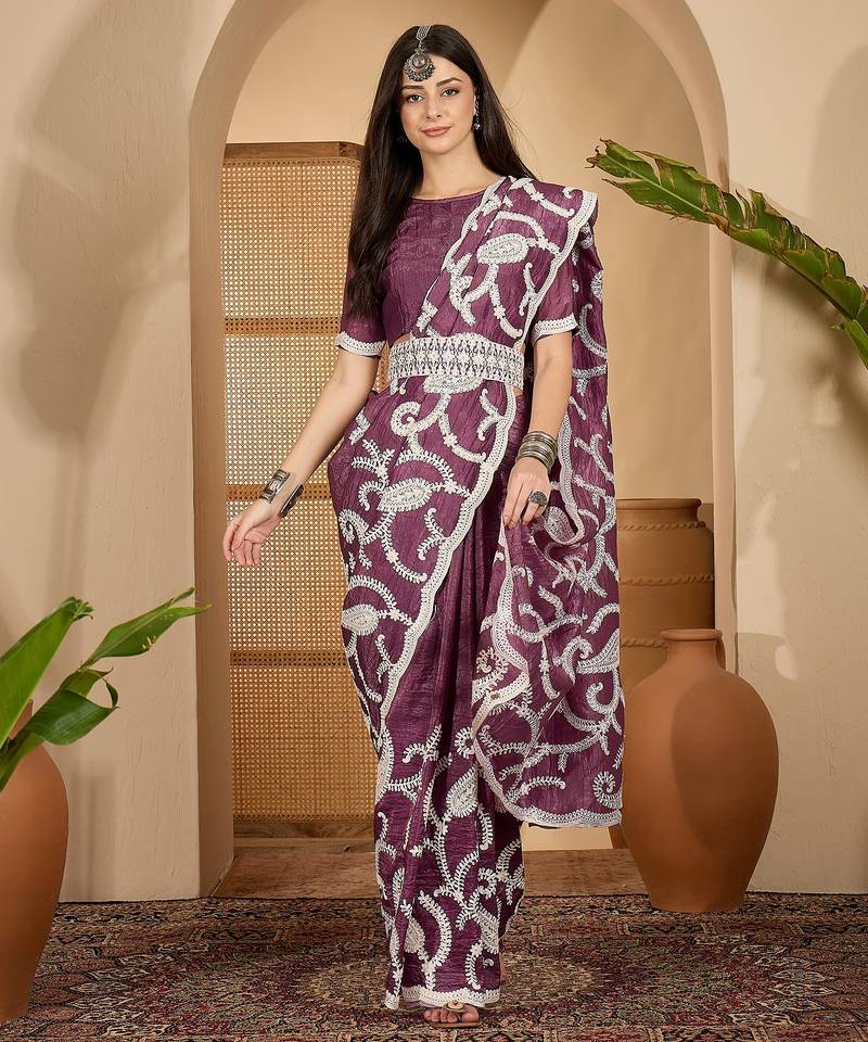 grape purple gold crush silk blend embroidered saree with belt white thread work festive designer saree