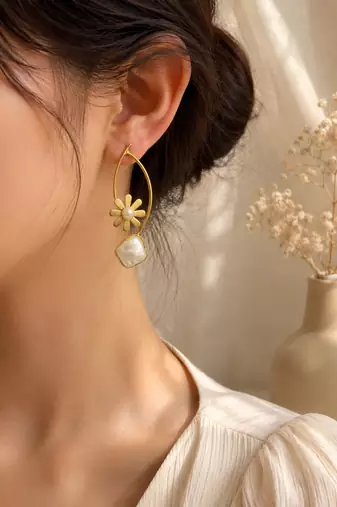 Gold-tone daisy flower baroque pearl drop earrings for women
