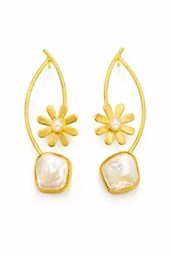 Gold-tone daisy flower baroque pearl drop earrings for women
