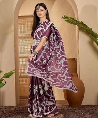 grape purple gold crush silk blend embroidered saree with belt white thread work festive designer saree 4