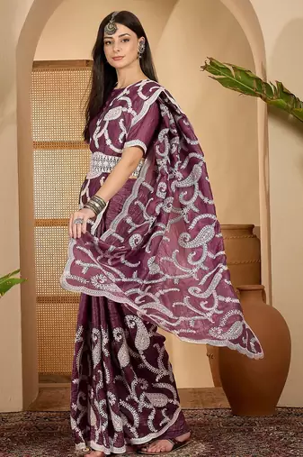 grape purple gold crush silk blend embroidered saree with belt white thread work festive designer saree