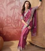 pink embroidered saree with paisley motifs
