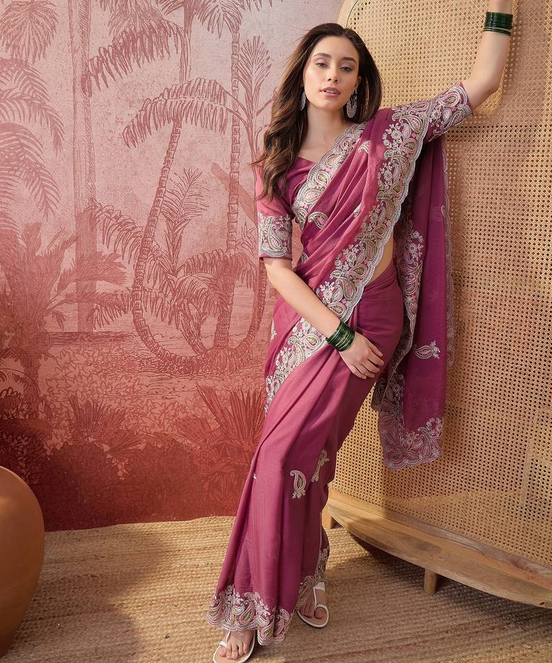 pink embroidered saree with paisley motifs