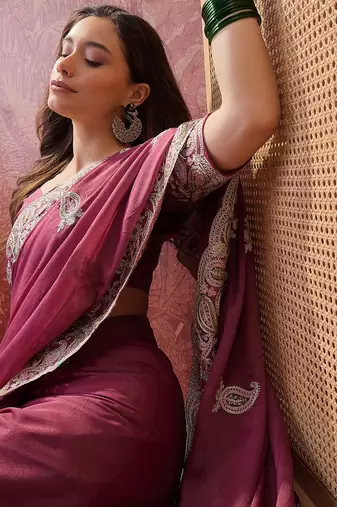 pink embroidered saree with paisley motifs