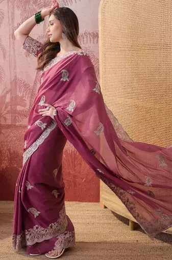 pink embroidered saree with paisley motifs