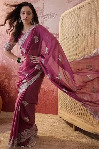 pink embroidered saree with paisley motifs