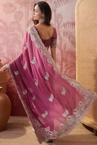 pink embroidered saree with paisley motifs