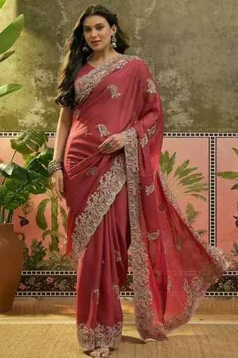 peach embroidered saree with paisley motifs