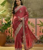 peach embroidered saree with paisley motifs