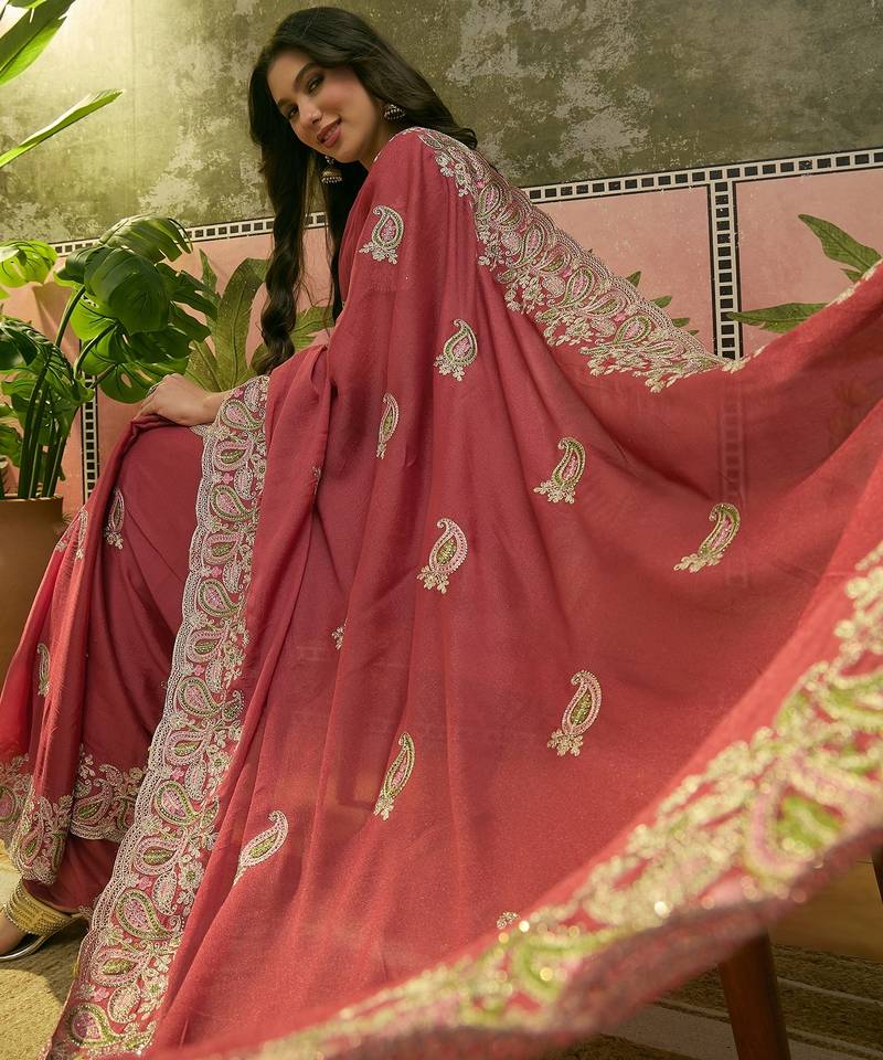 peach embroidered saree with paisley motifs