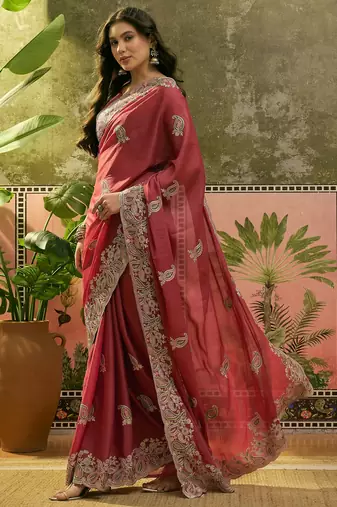 peach embroidered saree with paisley motifs