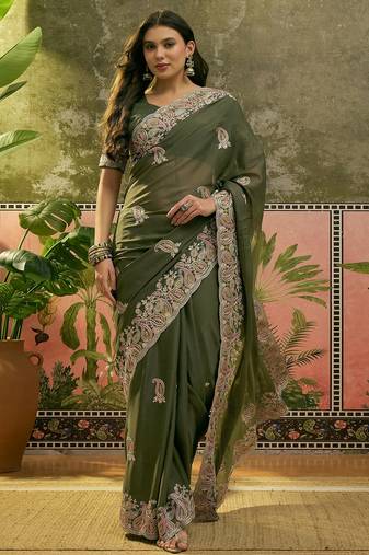 olive green embroidered saree with paisley motifs