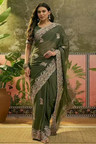 olive green embroidered saree with paisley motifs