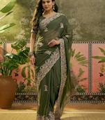 olive green embroidered saree with paisley motifs