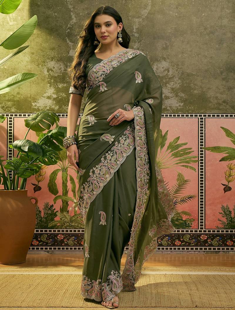 olive green embroidered saree with paisley motifs
