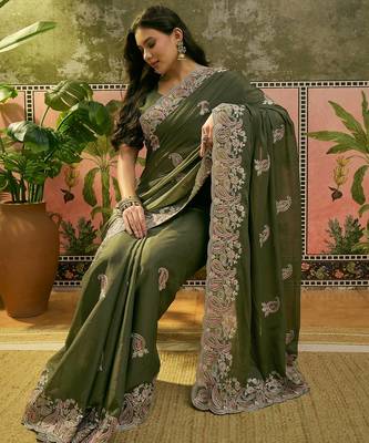 olive green embroidered saree with paisley motifs 2