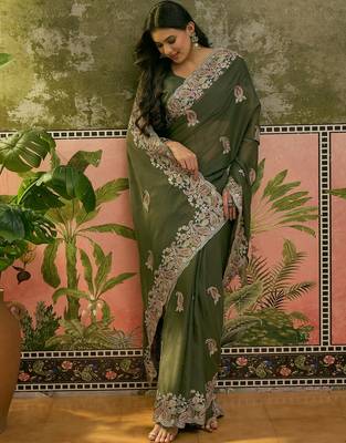 olive green embroidered saree with paisley motifs 3