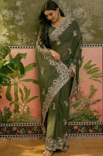 olive green embroidered saree with paisley motifs