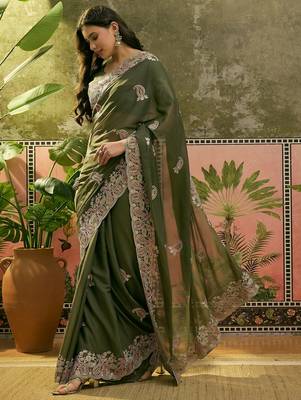 olive green embroidered saree with paisley motifs 4
