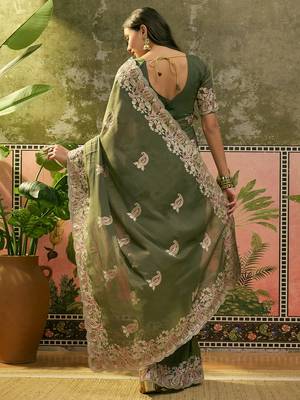 olive green embroidered saree with paisley motifs 5