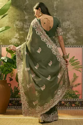 olive green embroidered saree with paisley motifs