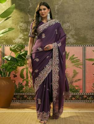 purple embroidered saree with paisley motifs 1