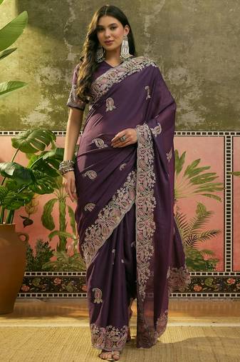 purple embroidered saree with paisley motifs