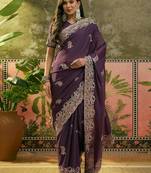 purple embroidered saree with paisley motifs