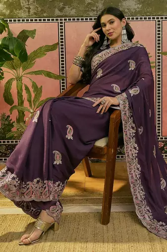 purple embroidered saree with paisley motifs