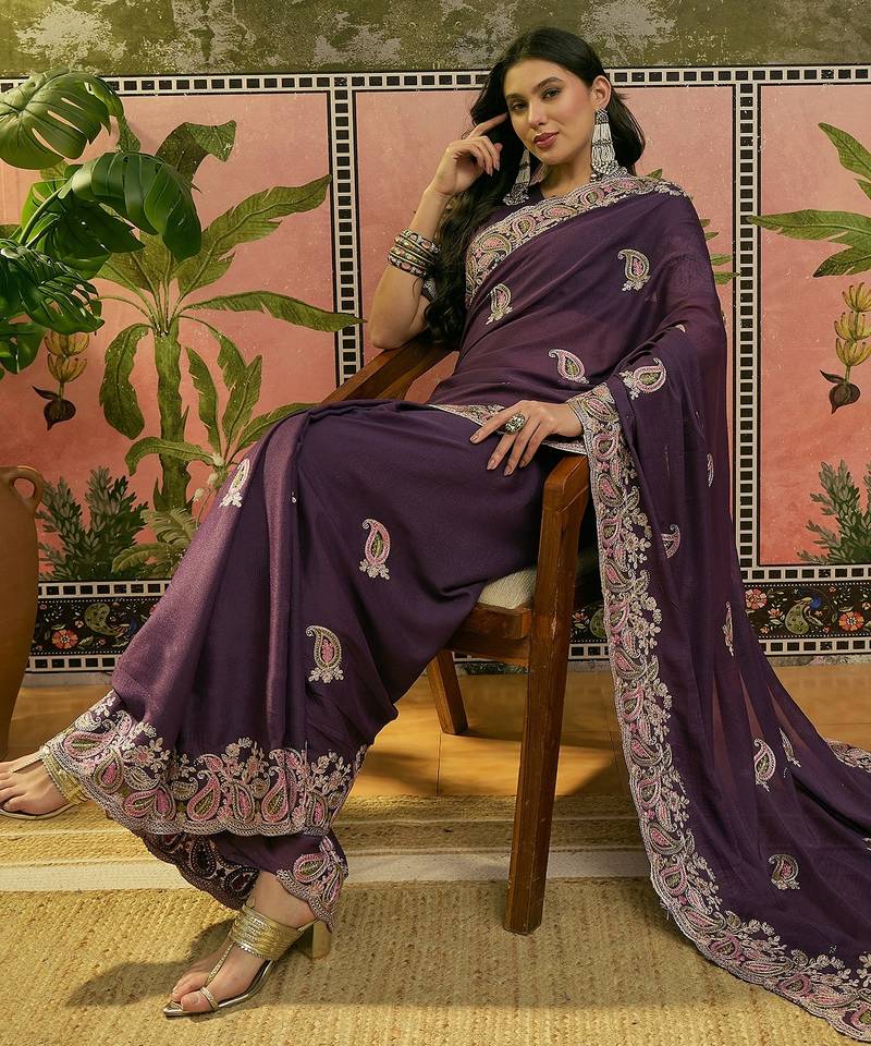 purple embroidered saree with paisley motifs