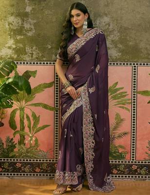 purple embroidered saree with paisley motifs 3