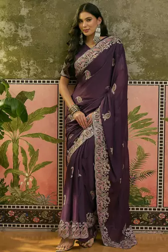 purple embroidered saree with paisley motifs