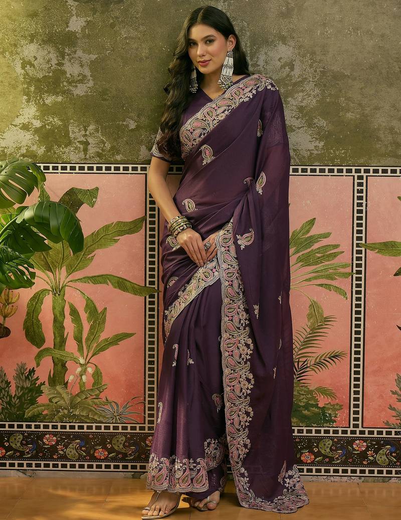 purple embroidered saree with paisley motifs