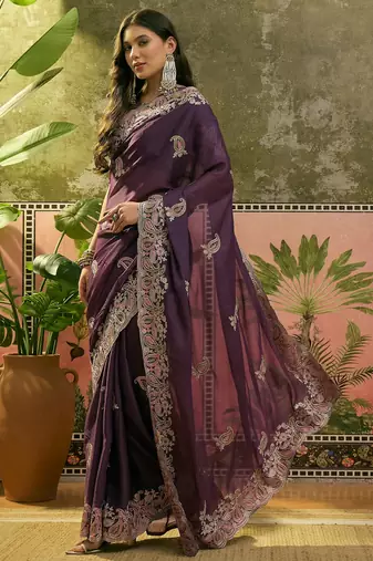 purple embroidered saree with paisley motifs