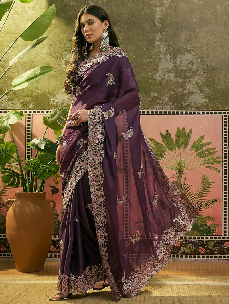 purple embroidered saree with paisley motifs