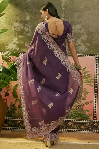purple embroidered saree with paisley motifs