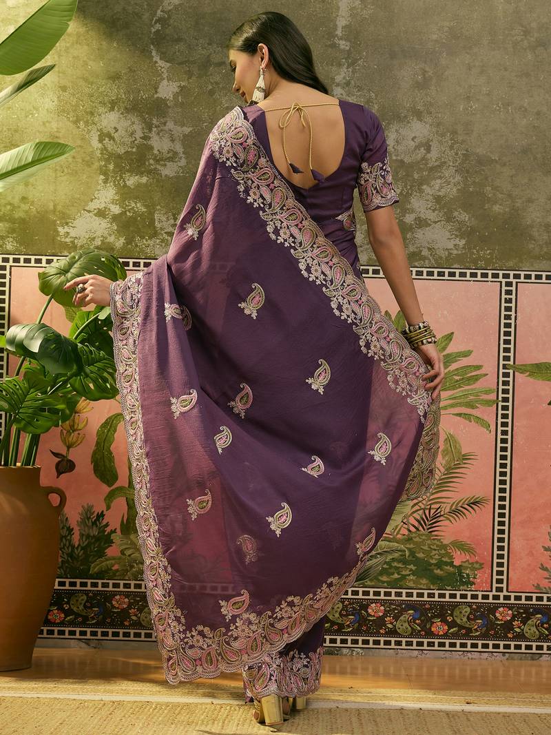 purple embroidered saree with paisley motifs