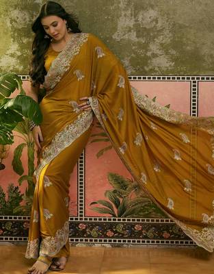 mustard embroidered saree with paisley motifs 3